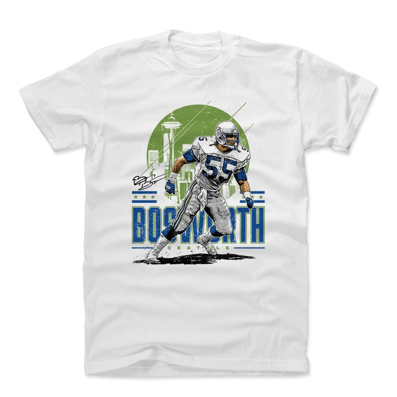 White t-shirt featuring Brian Bosworth in a #55 Seattle jersey over a green Space Needle skyline with the text 'BOSWORTH' in blue below him.