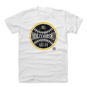 White t-shirt featuring a black baseball graphic with a yellow ring and the text 'Bill Mazeroski' and 'H.O.F. #9' in white.