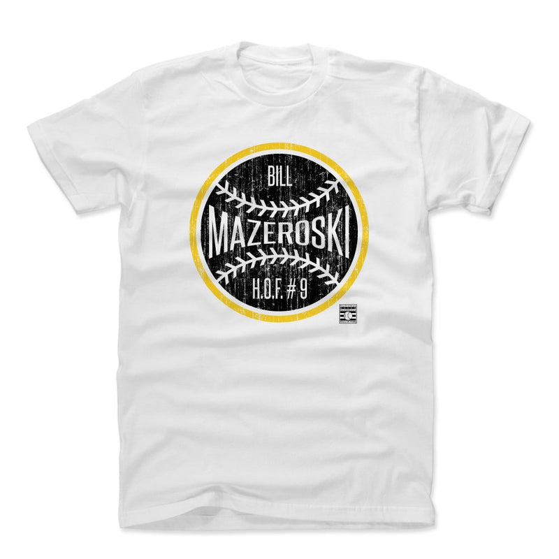 White t-shirt featuring a black baseball graphic with a yellow ring and the text 'Bill Mazeroski' and 'H.O.F. #9' in white.