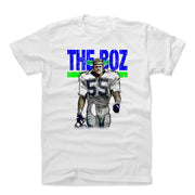 White t-shirt featuring a sketch of Brian Bosworth in a number 55 jersey with the text 'THE BOZ' in blue above a green bar.