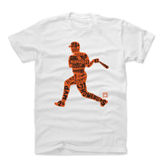White t-shirt featuring an orange baseball batter silhouette filled with black text, including 'Cal Ripken Jr.' across the chest.