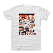 White t-shirt featuring a Cal Ripken Jr. career stat poster with the text 'RIPKEN JR.' in large orange letters above it.