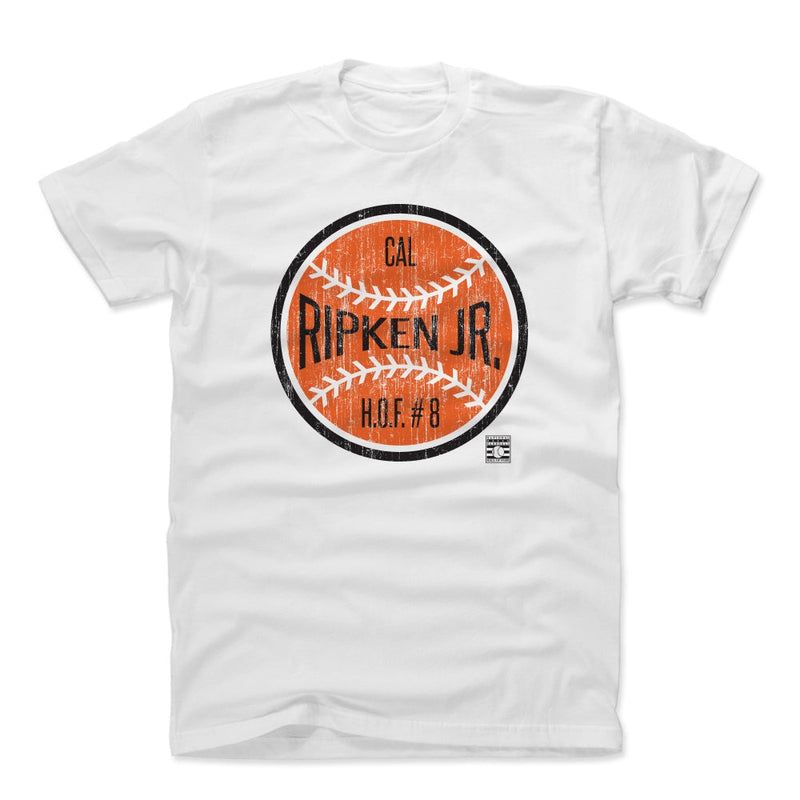 White t-shirt featuring a baseball graphic with the text 'CAL RIPKEN JR.' and 'H.O.F. #8' below it in black.