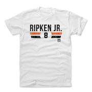 White t-shirt featuring the text 'RIPKEN JR.' in black above orange and black stripes framing the number 8 in black.