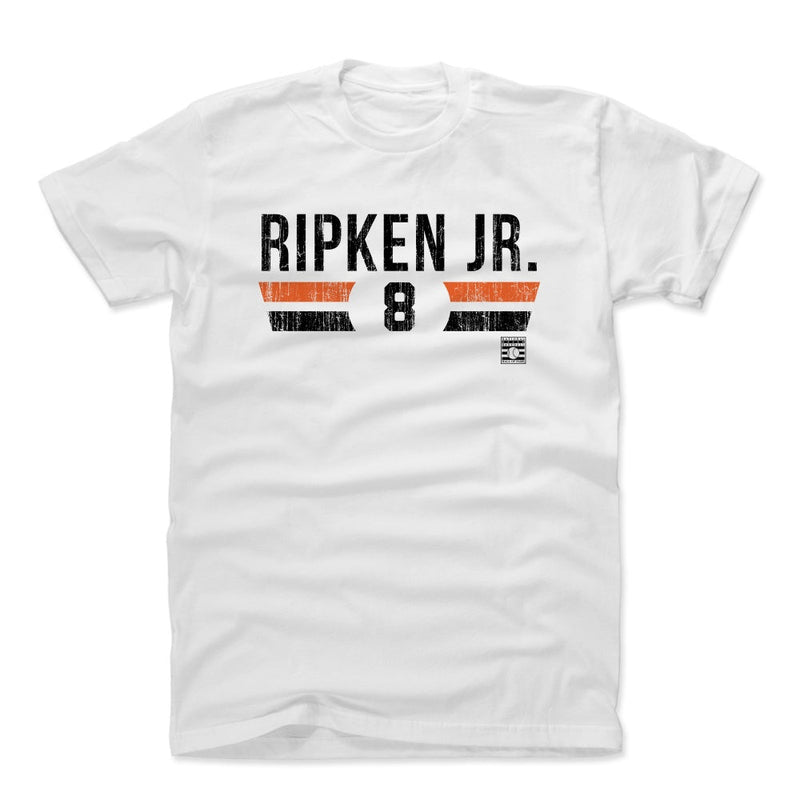 White t-shirt featuring the text 'RIPKEN JR.' in black above orange and black stripes framing the number 8 in black.
