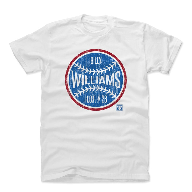 White t-shirt featuring a blue baseball with a red outline with the text 'BILLY WILLIAMS' and 'H.O.F. # 26' in white.