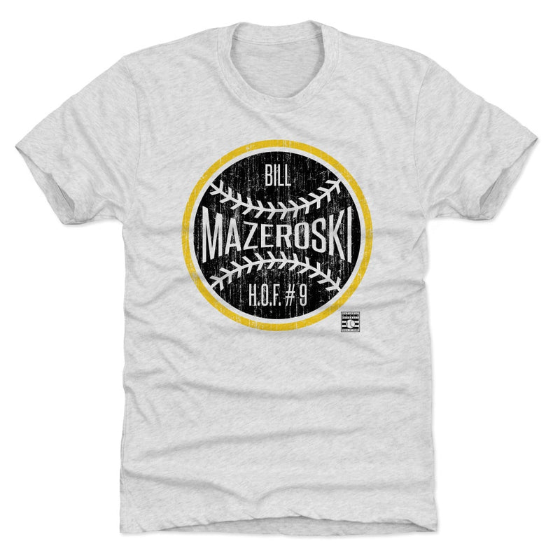 Heather gray t-shirt featuring a black baseball graphic with a yellow ring and the text 'Bill Mazeroski' and 'H.O.F. #9' in white.