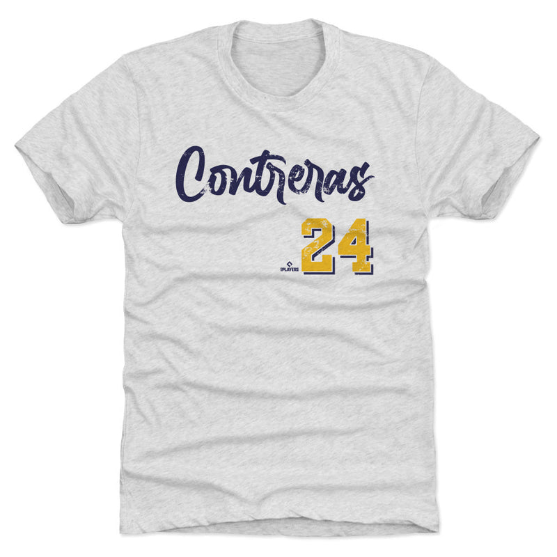 Light heather gray short-sleeved t-shirt featuring the script name 'Contreras' in navy above a large gold '24' with a small MLB Players logo.