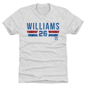 Heather white t-shirt featuring the text 'WILLIAMS' with the number '26' below in blue, set between red and blue stripes.