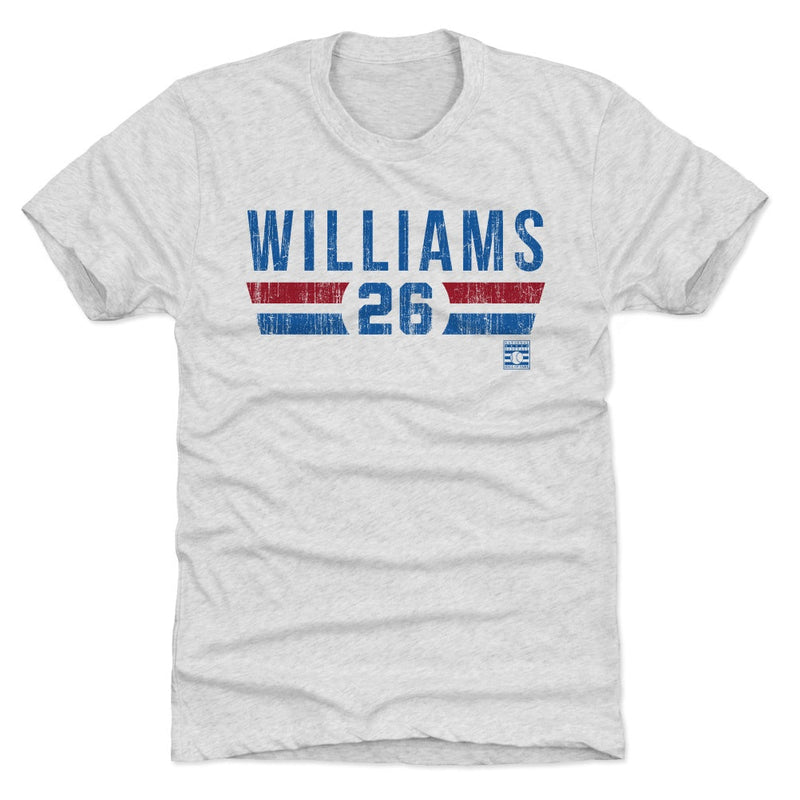 Heather white t-shirt featuring the text 'WILLIAMS' with the number '26' below in blue, set between red and blue stripes.