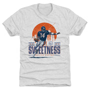 Light gray color option of the Walter Payton Chicago Skyline t-shirt, showing the same SWEETNESS design in navy and orange on a lighter fabric.