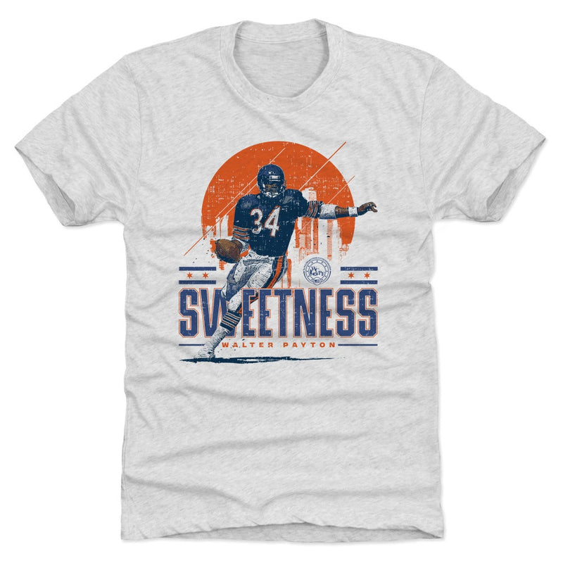 Light gray color option of the Walter Payton Chicago Skyline t-shirt, showing the same SWEETNESS design in navy and orange on a lighter fabric.