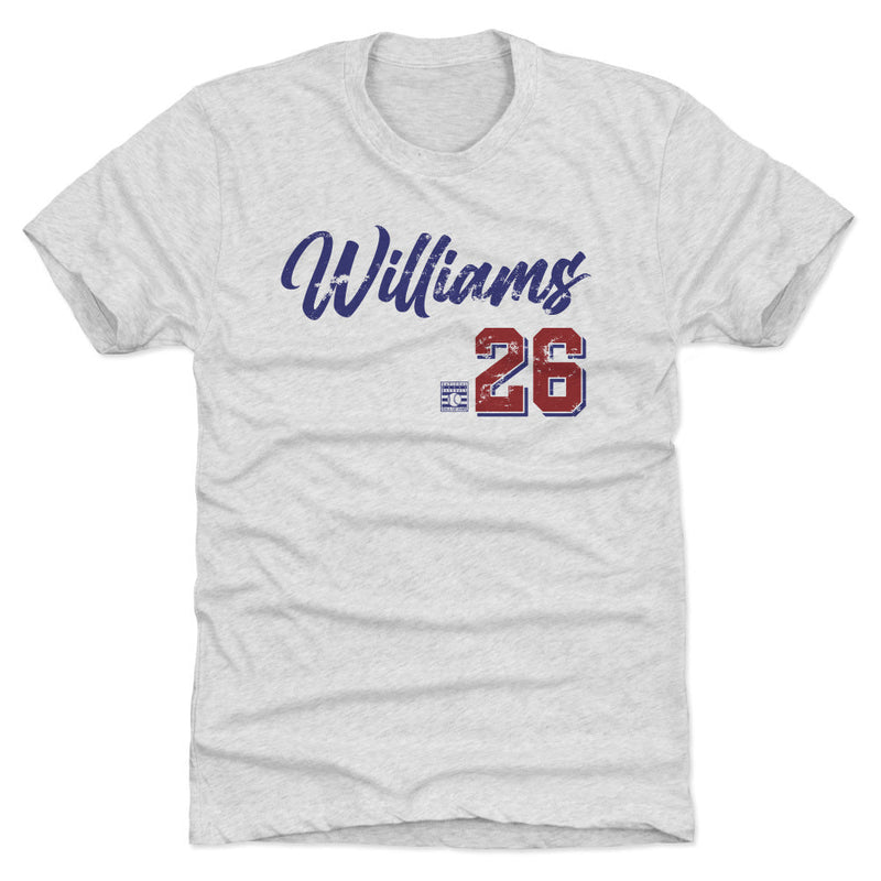 Ash gray t-shirt featuring the script name 'Williams' in blue with the number '26' in red below it.