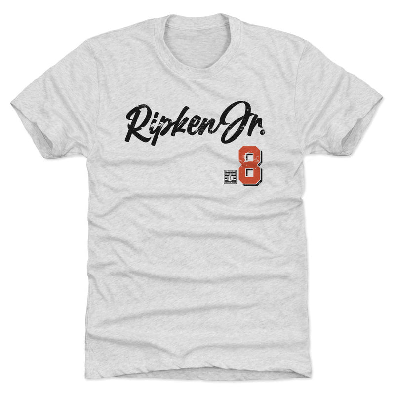 Light ash gray t-shirt featuring an orange number 8 with the text 'Ripken Jr.' in black script above it.
