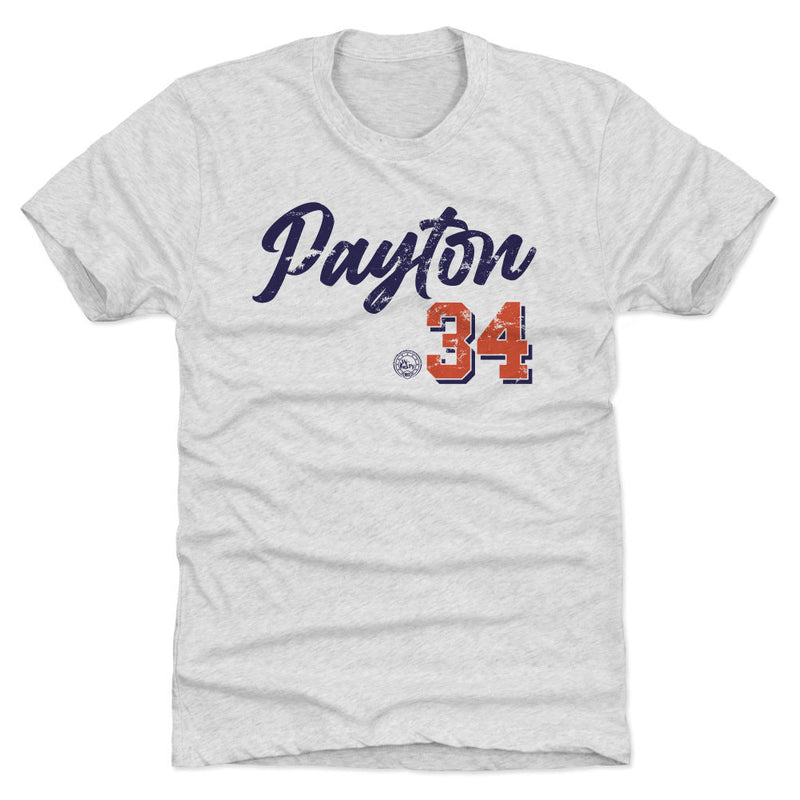 Heather white short-sleeved t-shirt featuring the name 'Payton' in navy script with the number 34 below in orange with a distressed look.