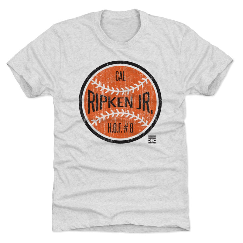 Heather gray t-shirt featuring a baseball graphic with the text 'CAL RIPKEN JR.' and 'H.O.F. #8' below it in black.