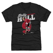 Black t-shirt featuring a retro graphic of Bobby Hull in a red Chicago jersey with the text 'Bobby Hull' in white above him.