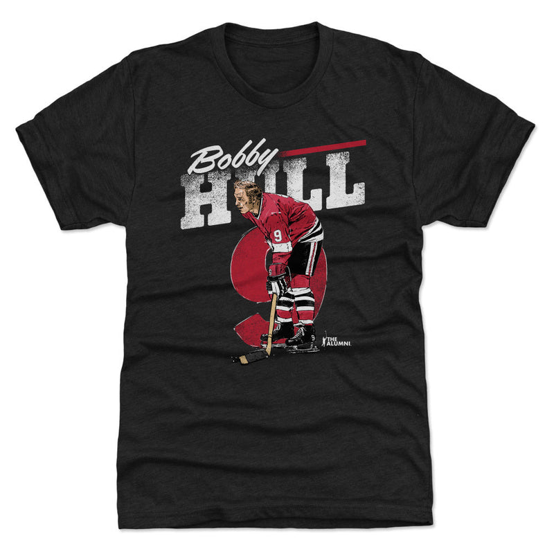 Black t-shirt featuring a retro graphic of Bobby Hull in a red Chicago jersey with the text 'Bobby Hull' in white above him.