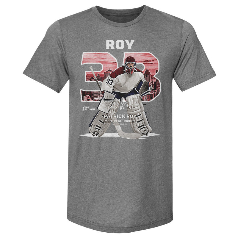 Tri Gray T-Shirt featuring design named Patrick Roy Montreal Throwback WHT