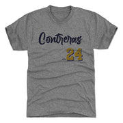 Dark heather gray William Contreras t-shirt showing the same navy 'Contreras' script and gold '24' design.