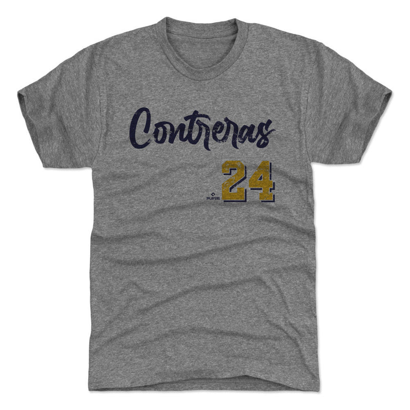 Dark heather gray William Contreras t-shirt showing the same navy 'Contreras' script and gold '24' design.