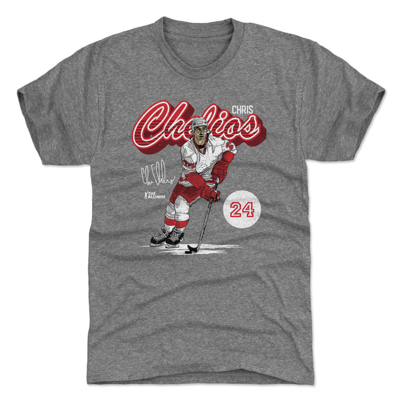 Heather gray t-shirt featuring Chris Chelios skating on ice with a hockey stick and the text 'Chris Chelios' in red script above him.