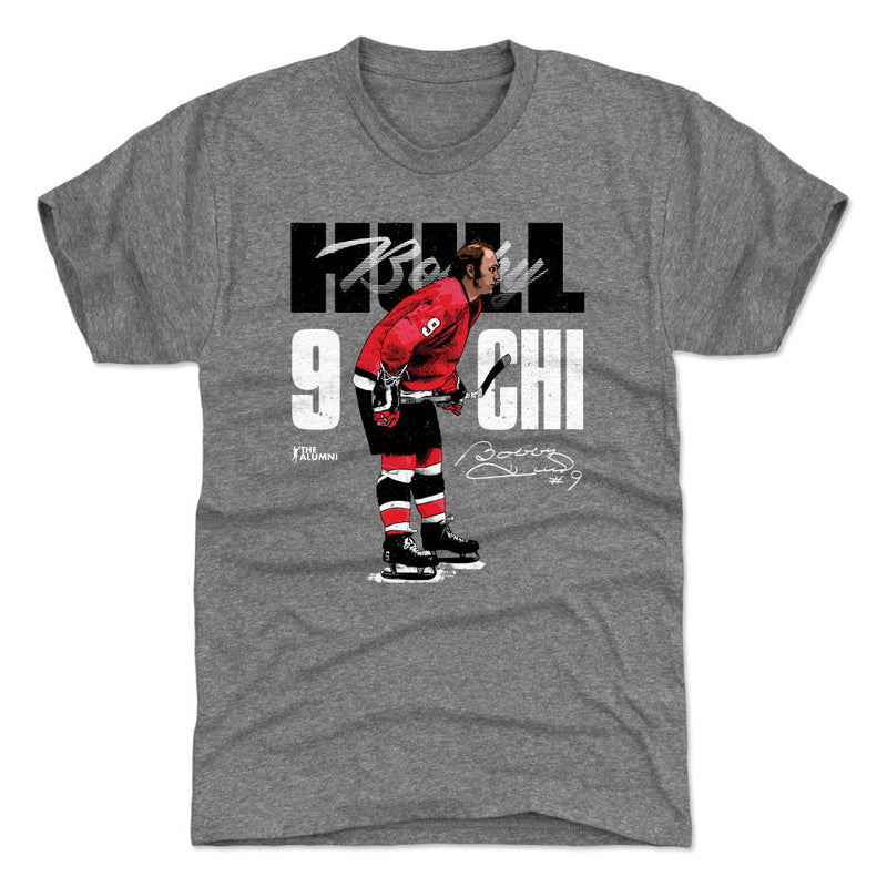 Heather gray t-shirt featuring Bobby Hull skating in a red jersey with the text 'HULL 9 CHI' in white and black lettering.