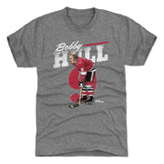 Heather gray t-shirt featuring a retro graphic of Bobby Hull in a red Chicago jersey with the text 'Bobby Hull' in white above him.