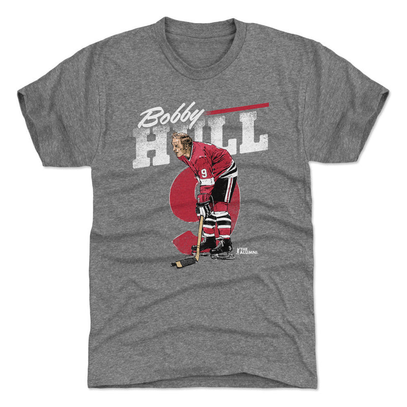 Heather gray t-shirt featuring a retro graphic of Bobby Hull in a red Chicago jersey with the text 'Bobby Hull' in white above him.