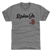 Dark heather gray t-shirt featuring an orange number 8 with the text 'Ripken Jr.' in black script above it.