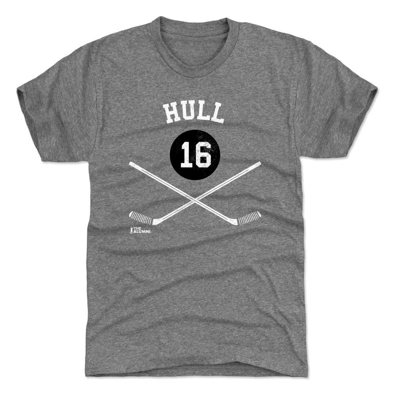 Heather gray t-shirt featuring the number 16 in a black circle over crossed hockey sticks with the text 'HULL' in white above it.