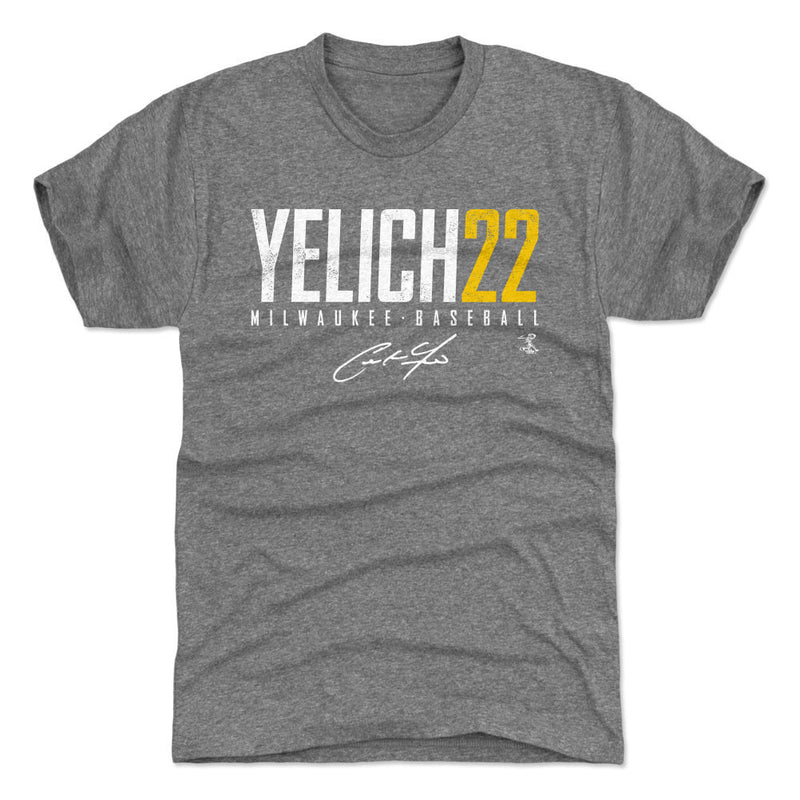 Heather gray t-shirt featuring Christian Yelich's Milwaukee baseball name graphic with the text 'YELICH22' in white and yellow above a signature.