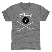 Heather gray t-shirt featuring a black puck with the number 7 and crossed hockey sticks with the text 'CHELIOS' in white above it.