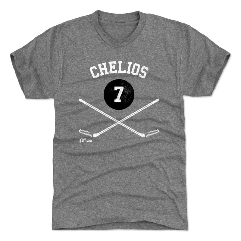 Heather gray t-shirt featuring a black puck with the number 7 and crossed hockey sticks with the text 'CHELIOS' in white above it.