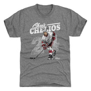 Heather gray t-shirt featuring Chris Chelios skating in a white jersey with the faded number 24 and the text 'Chris Chelios' in white above.