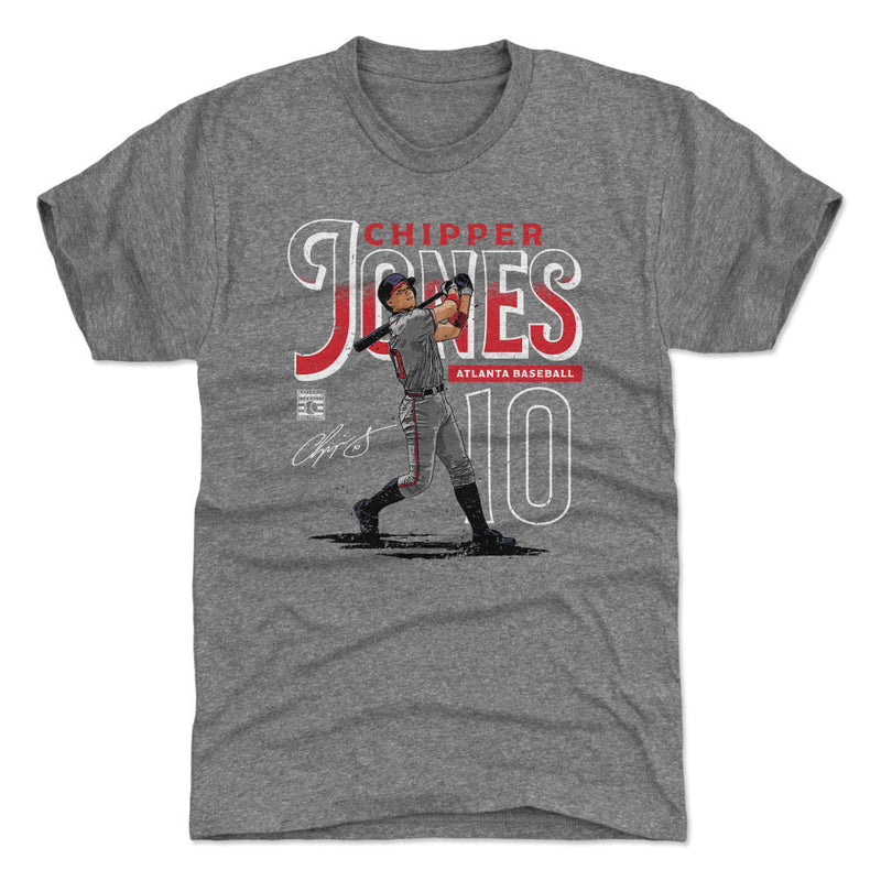 Heather gray t-shirt featuring an illustrated Chipper Jones mid-swing with the text 'CHIPPER JONES' in red and white above a large number 10.