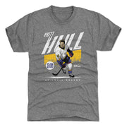 Heather gray t-shirt featuring an illustration of Brett Hull in a white jersey with the text 'BRETT HULL' in white above it.