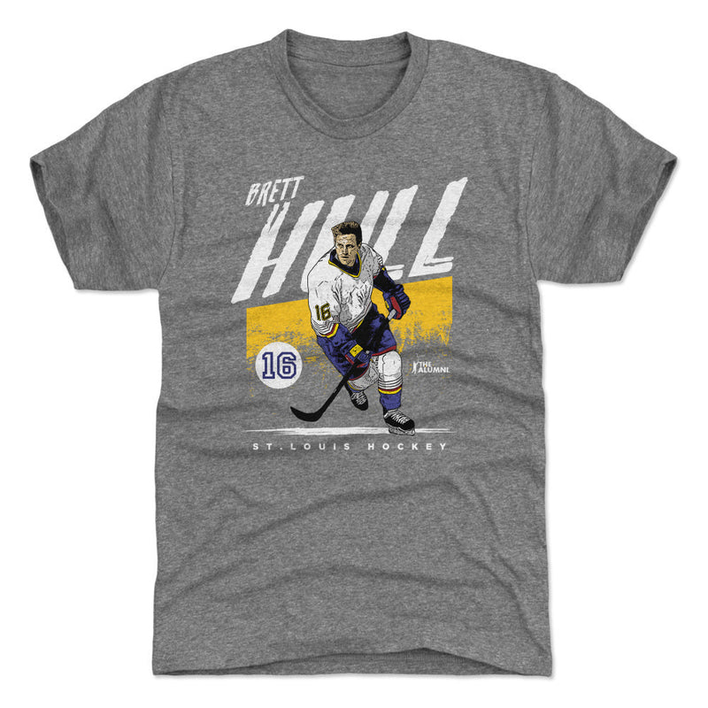 Heather gray t-shirt featuring an illustration of Brett Hull in a white jersey with the text 'BRETT HULL' in white above it.