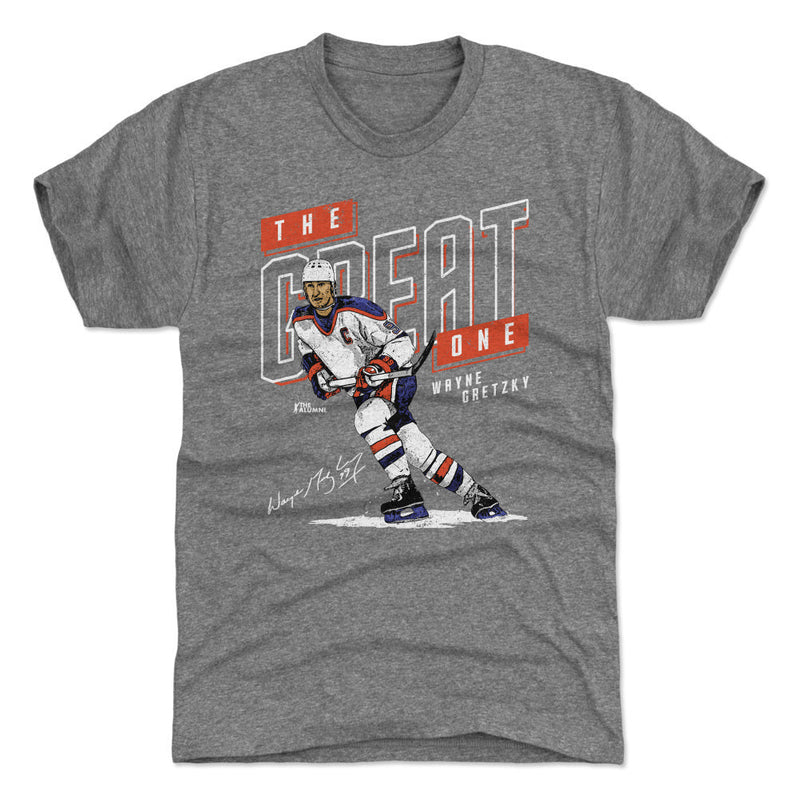 Heather gray version of the Wayne Gretzky Edmonton t-shirt, showing the same 'THE GREAT ONE' graphic in white and orange.