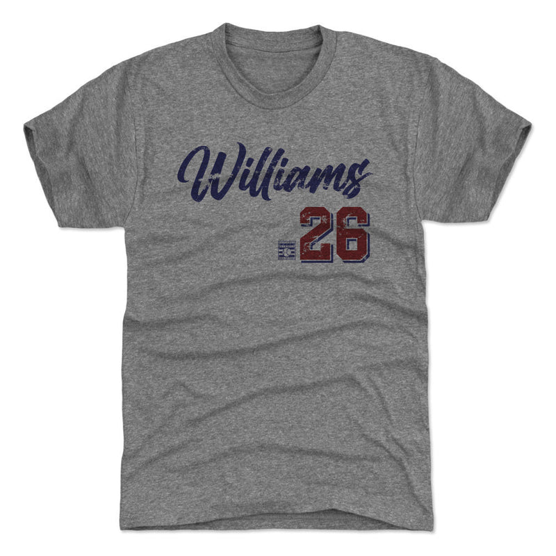 Heather gray t-shirt featuring the script name 'Williams' in blue with the number '26' in red below it.