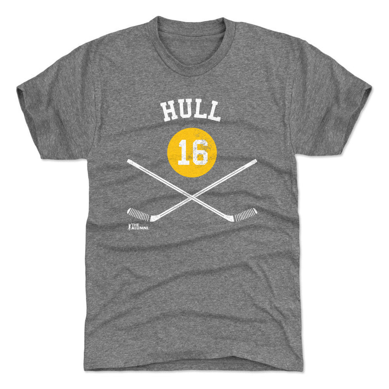 Heather gray t-shirt featuring crossed white hockey sticks and a yellow circle with the number 16 in white with the text 'HULL' in white above.