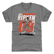 Heather gray t-shirt featuring a cartoon Cal Ripken Jr. batting with the text 'CAL RIPKEN JR.' in white above orange 08.
