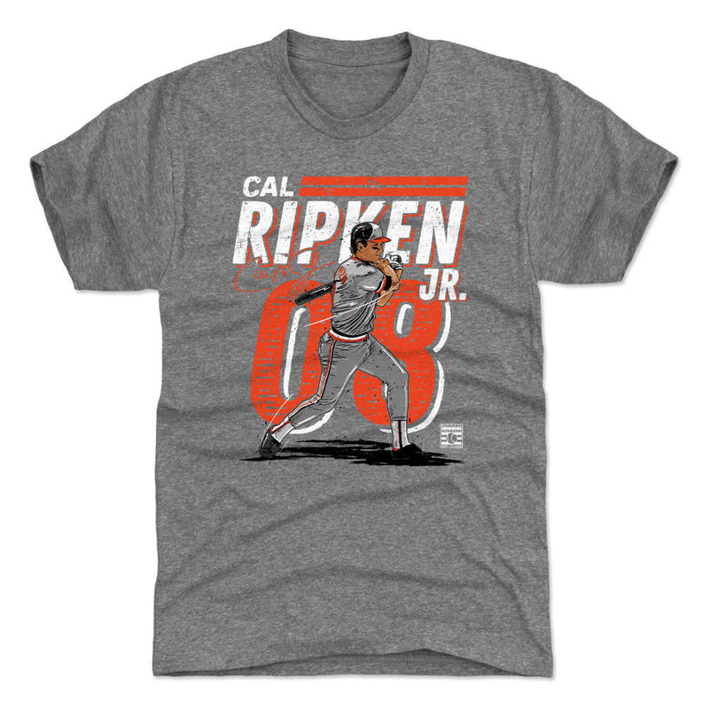 Heather gray t-shirt featuring a cartoon Cal Ripken Jr. batting with the text 'CAL RIPKEN JR.' in white above orange 08.
