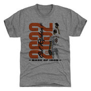 Heather gray t-shirt featuring Cal Ripken Jr. in front of large orange 2632 numbers, with the text 'Made of Iron' in black below.
