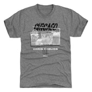 Gray t-shirt featuring a Chris Chelios photo and number 7, with the text 'CHICAGO' in black above and 'CHRIS CHELIOS' in white below.