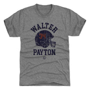 Front of the dark heather gray Walter Payton t-shirt showing the same navy helmet with orange number 34 and navy 'Walter Payton' text.