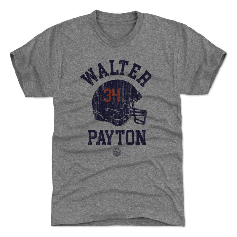 Front of the dark heather gray Walter Payton t-shirt showing the same navy helmet with orange number 34 and navy 'Walter Payton' text.