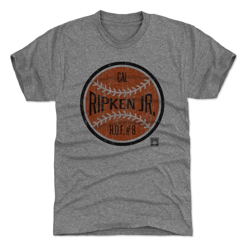 Dark heather gray t-shirt featuring a baseball graphic with the text 'CAL RIPKEN JR.' and 'H.O.F. #8' below it in black.