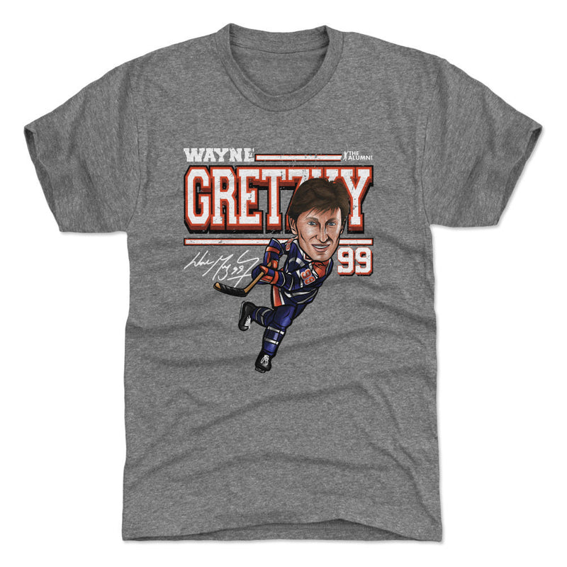Heather gray version of the Wayne Gretzky cartoon t-shirt, showing the same skating caricature with the text 'WAYNE GRETZKY' in white and red.