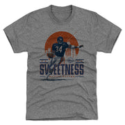 Gray short-sleeved t-shirt featuring Walter Payton in a number 34 Bears jersey over an orange sun and skyline with the text 'SWEETNESS' in navy.